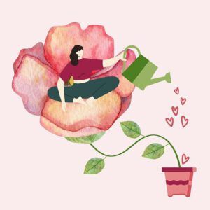 Mujer sentada sobre una gran flor regando una planta con corazones, símbolo de autocuidado y crecimiento: ¿Qué dice la Biblia sobre amarse a uno mismo?