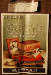 Theatre poster showing a stack of books and a ticket stub, evoking Fun and Easy Ways to Teach Bible Books to 3-5 Year Olds.