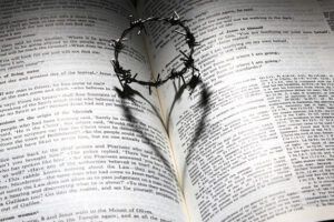 La verdad sobre la relación entre padres e hijos según la Biblia: Biblia abierta con un corazón formado por alambre de púas que proyecta su sombra sobre las páginas.