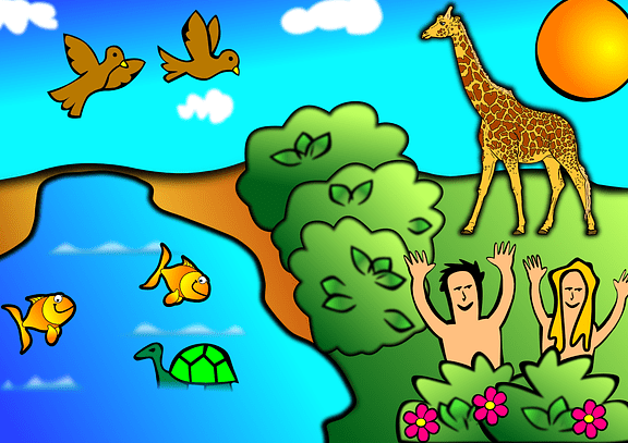 Pareja en jardín con animales y paisaje colorido: ¿Qué revela la Biblia sobre la creación de la Tierra?