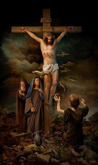 ¿Qué enseña la Biblia sobre los muertos? - Reina-Valera: Cristo crucificado con figuras en luto y paisaje sombrío