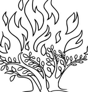 Ilustración lineal de una zarza en llamas que evoca La verdad detrás de la zarza ardiente según la Biblia.