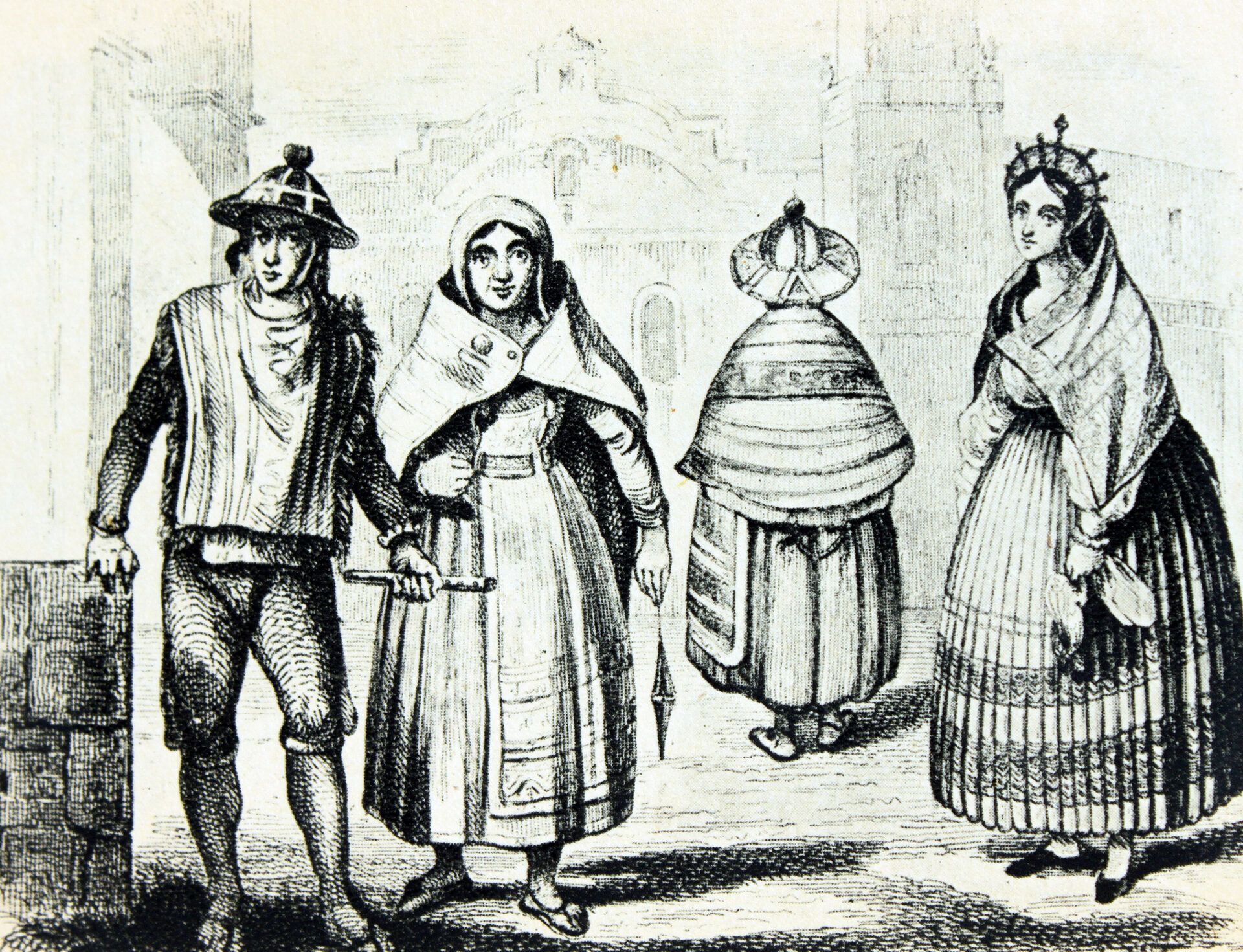 Ilustración de cuatro figuras con vestimenta histórica que plantea: ¿Qué dice la Biblia sobre la ropa que debemos usar?