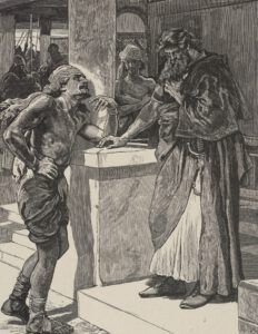 Black-and-white engraving of a tense exchange at a lectern between a muscular supplicant and a robed elder, Unveiling the Mysterious Thoughts of William Shakespeare's Bible.