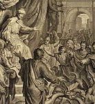 Antique engraved scene of a commanding robed figure addressing a gathered crowd in a classical architectural setting — Unveiling the Mystery: Where Janes and Jambres Appear in the Bible