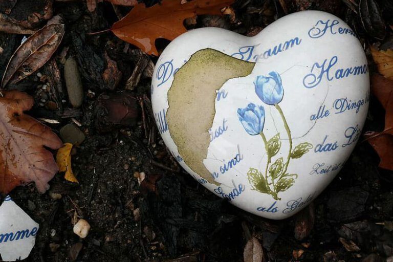 Broken ceramic heart with blue tulip motif on soil and leaves — What Does the Bible Say About Taking a Break in Love?