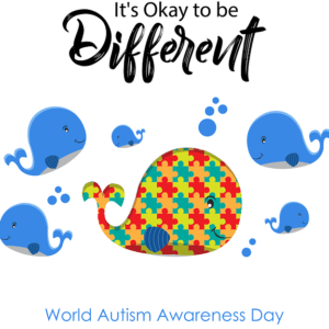 Ilustración de ballenas azules alrededor de una ballena central con patrón de piezas de rompecabezas coloridas y el lema 'It's Okay to be Different', ¿Qué enseña la Biblia sobre los niños autistas?