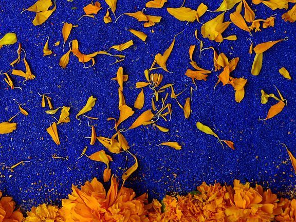 Pétalos y flores naranjas dispersos sobre un fondo azul intenso creando un contraste vibrante; ¿Es bíblico ofrecer ofrendas a los muertos? Descubre la verdad aquí