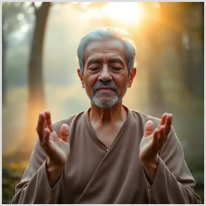 Hombre mayor en actitud meditativa al amanecer mostrando Pasos para mantener tu alma limpia.