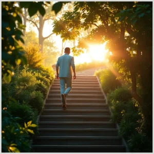 Una persona sube por unas escaleras entre árboles hacia la luz del amanecer, simbolizando Pasos para no dudar del amor de Dios.