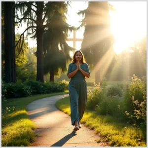 Mujer caminando por un sendero iluminado al amanecer en actitud de oración, simbolizando Pasos para tener una vida centrada en Cristo