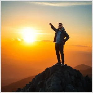 Hombre en la cima celebrando al amanecer simbolizando Pasos para vivir en victoria