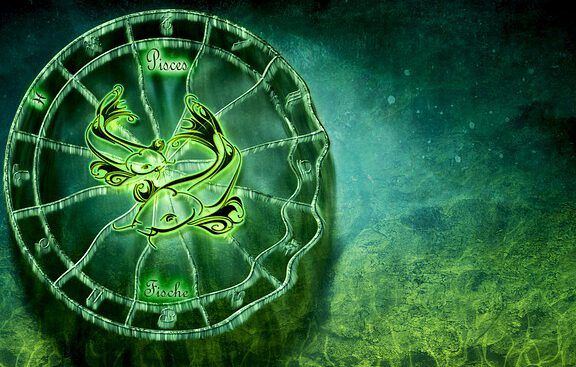 Ilustración mística de Piscis en una rueda zodiacal verde, evocando Los 7 pecados capitales que nos alejan de Dios según la Biblia