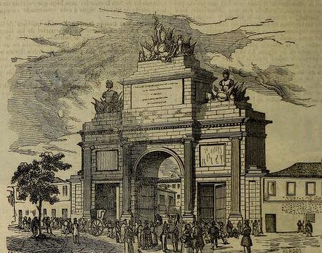 Ilustración en blanco y negro de un arco monumental con esculturas y transeúntes que invita a contemplar: ¿Qué dice la Biblia sobre acumular riquezas y posesiones materiales?
