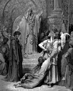 Grabado en blanco y negro que muestra a un rey coronado en su trono con un consejero a su lado; ¿Qué enseña la Biblia sobre el sabio rey Salomón?