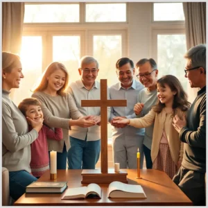 Multigenerational family gathered around a wooden cross and open Bible practicing Steps to build a Christ-centered family.