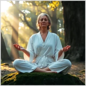 Woman meditating in a sunlit forest with palms open, illustrating Steps to commune with the Holy Spirit.