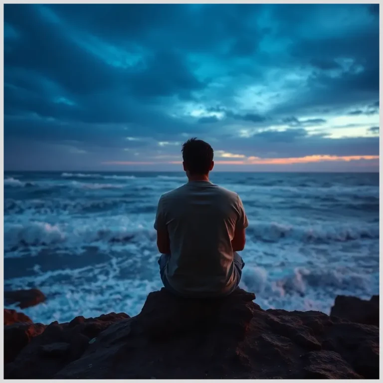Person sitting on a rocky shore at dusk overlooking a turbulent ocean, Steps to have faith when everything goes wrong.