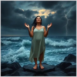 A barefoot woman in a flowing dress stands on dark coastal rocks with eyes closed and arms raised against crashing waves and lightning, illustrating Steps to find peace in the storm.