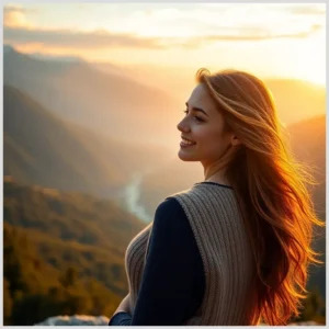 A woman smiles as she gazes at a golden sunset over a misty mountain valley, Steps to not lose hope.