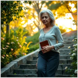 A mature woman with gray hair walks down stone garden steps at sunset holding a journal, evoking Steps to witness through your life.